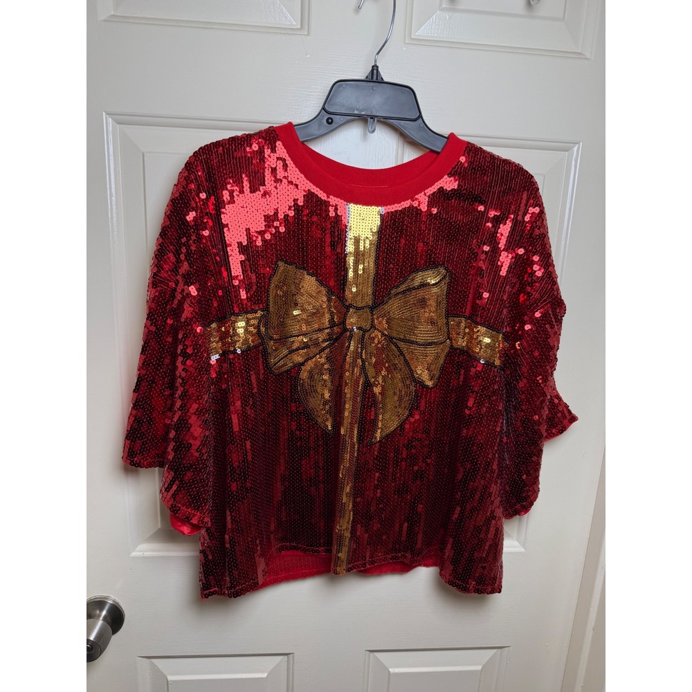 Simply Southern Red Sequin Bow Top XL Christmas Holiday Gift Wrap Shirt NEW